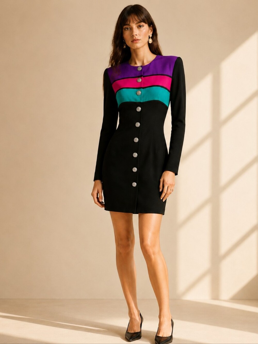 Vintage 80s Black Shirtdress Size 6 Striped Colorblock Retro Purple Pink Office